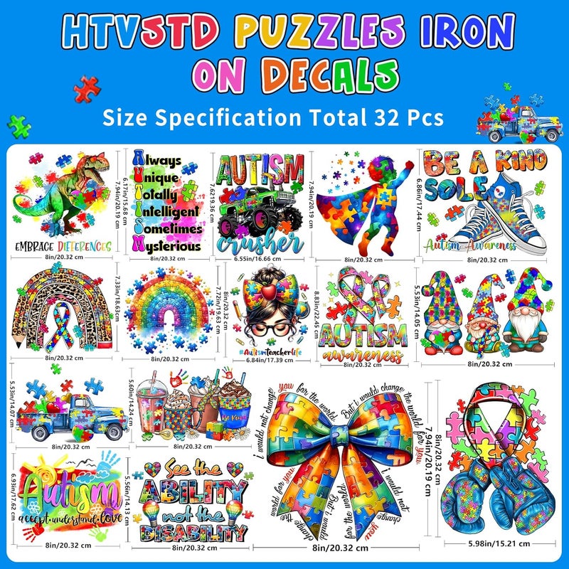 HTVSTD Autism Puzzle Iron on Transfers 32 Sheets DTF Transfers Ready to Press Rainbow Color Iron on Decals for T-Shirts Puzzles Heat Transfer Vinyl Be Kind Iron on Decals for DIY Patches Decals - Image 2